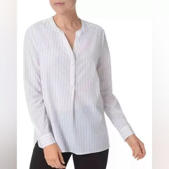 🔺️NYDJ White Pinstripe Button Popover Long Sleeve Top Large - Picture 1 of 14